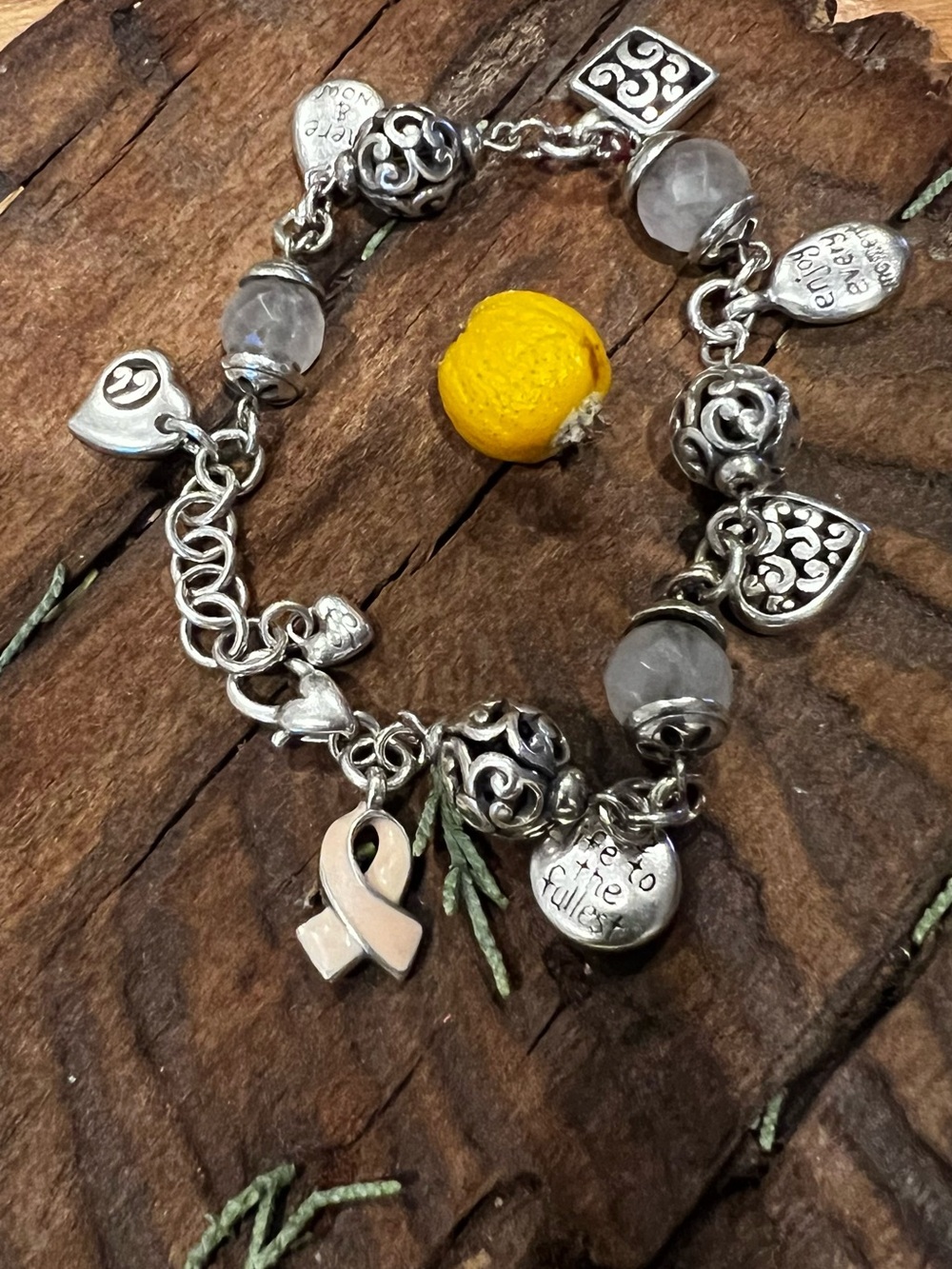 Brighton Charm Bracelet Cancer Ribbon Quartz Motivational Hearts Silver Plated